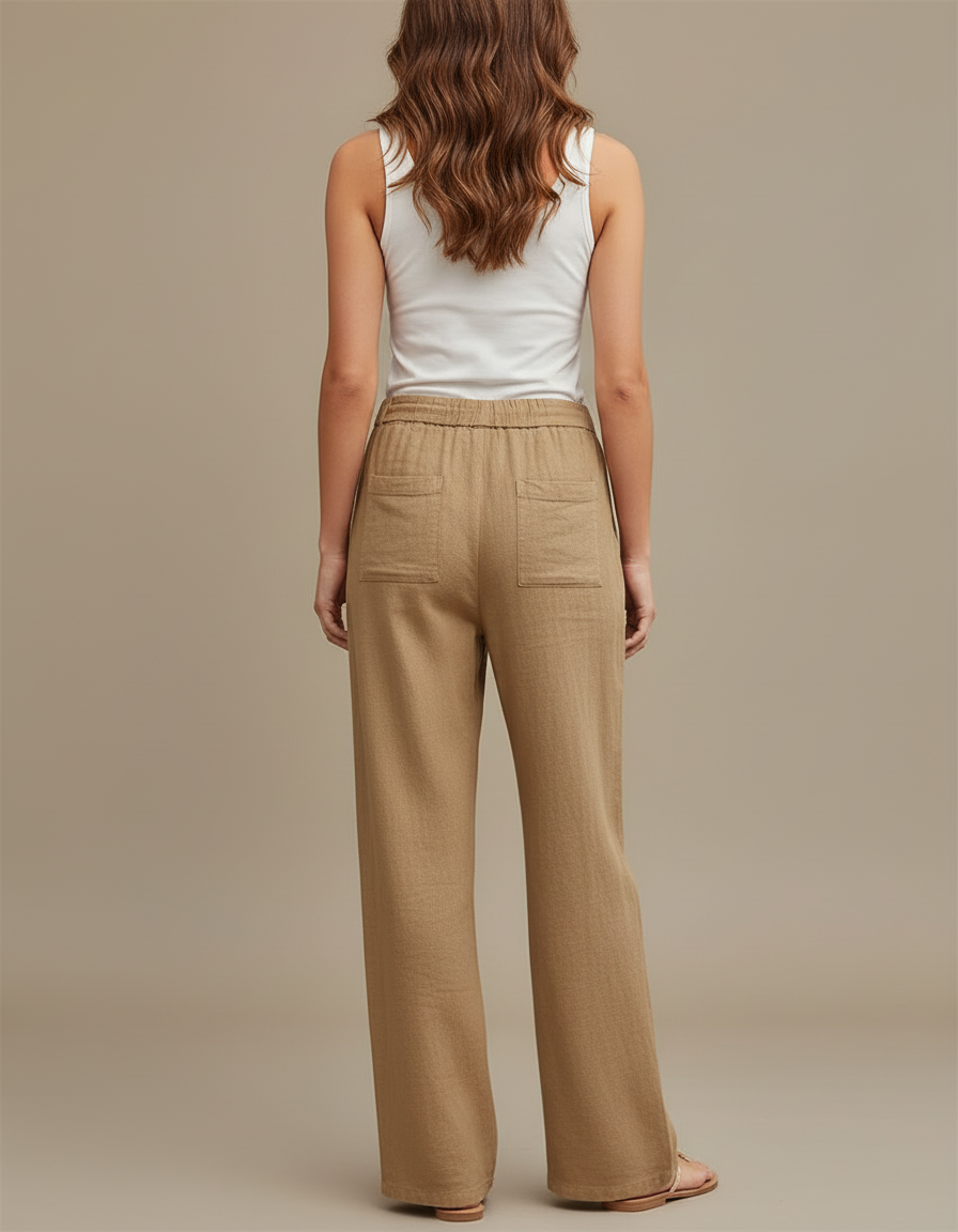 Pantalon Beige Lin Ample Décontracté Femme Fluide - Camel - vue 2