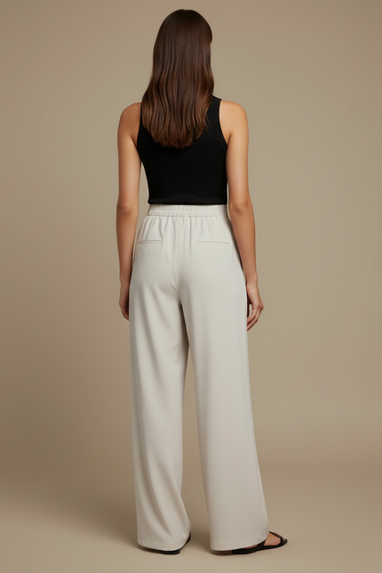 Pantalon Beige Fluide Ample Taille Haute Élégant Décontracté - Viscose - vue 2