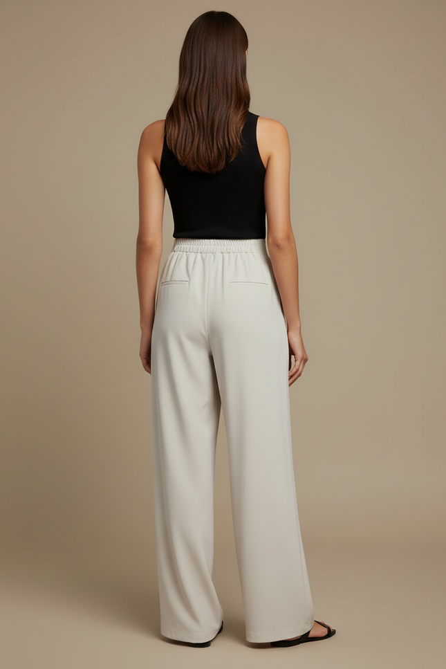 Pantalon Beige Fluide Ample Taille Haute Élégant Décontracté - Viscose - vue 2