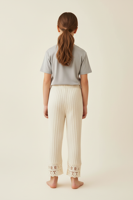 Pantalon Beige Côtelé Tricoté Dentelle Fille Confortable - Maille - vue 2