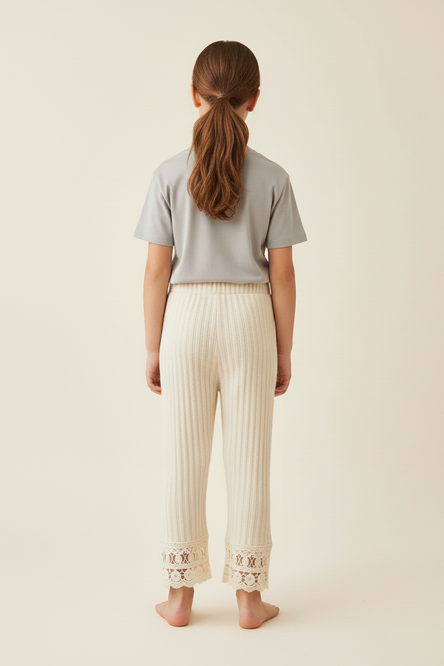 Pantalon Beige Côtelé Tricoté Dentelle Fille Confortable - Maille - vue 2