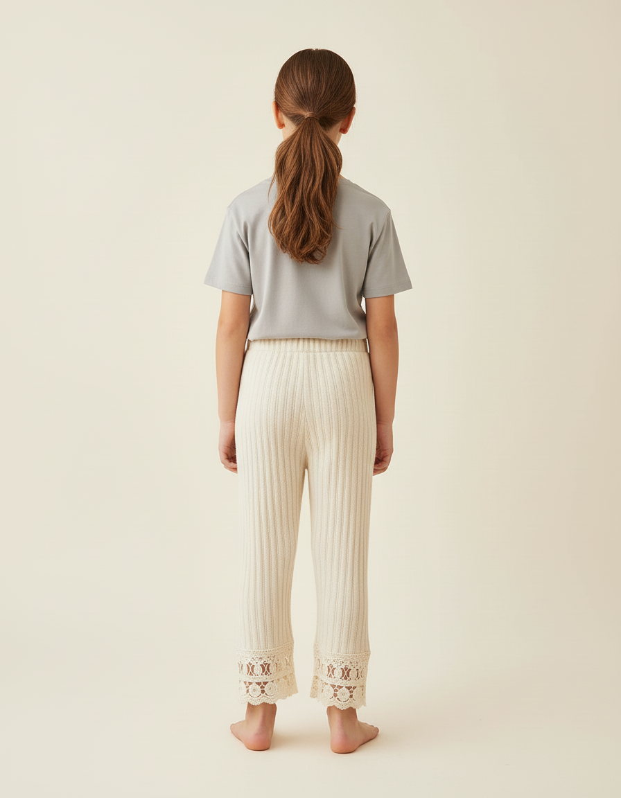 Pantalon Beige Côtelé Tricoté Dentelle Fille Confortable - Maille - vue 2