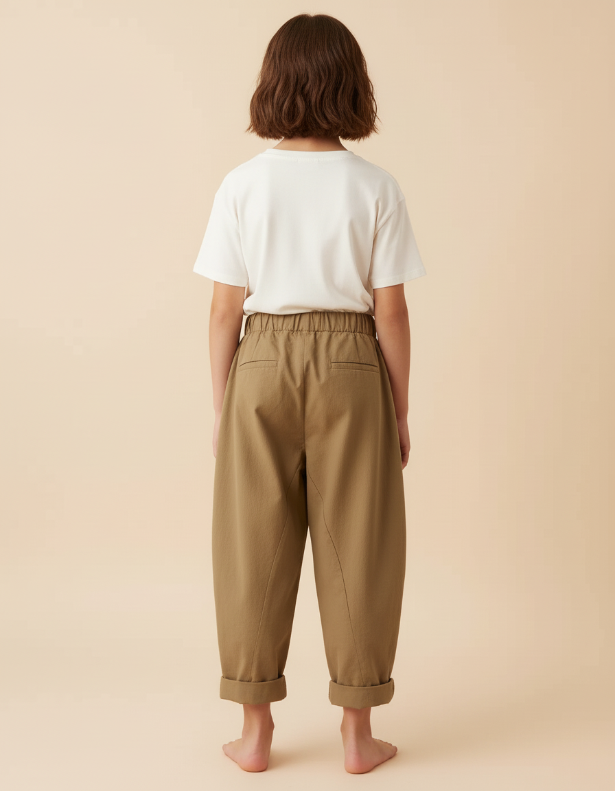 Pantalon Beige Ample Coton Enfant Décontracté Uni - Kaki - vue 2