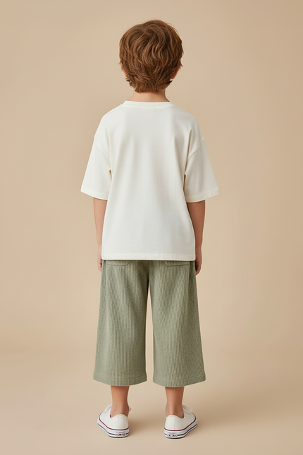 Pantalon Beige Côtelé Ample Enfant Décontracté Vert - Cordé - vue 2