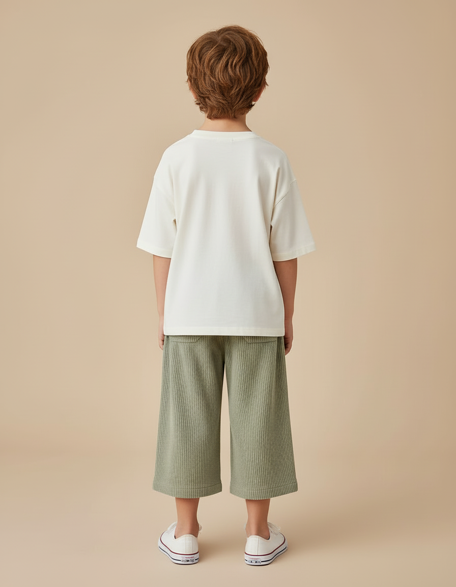 Pantalon Beige Côtelé Ample Enfant Décontracté Vert - Cordé - vue 2