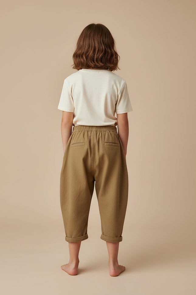 Pantalon Beige Ample Coton Enfant Décontracté Tendance - Kaki Molleton - vue 2