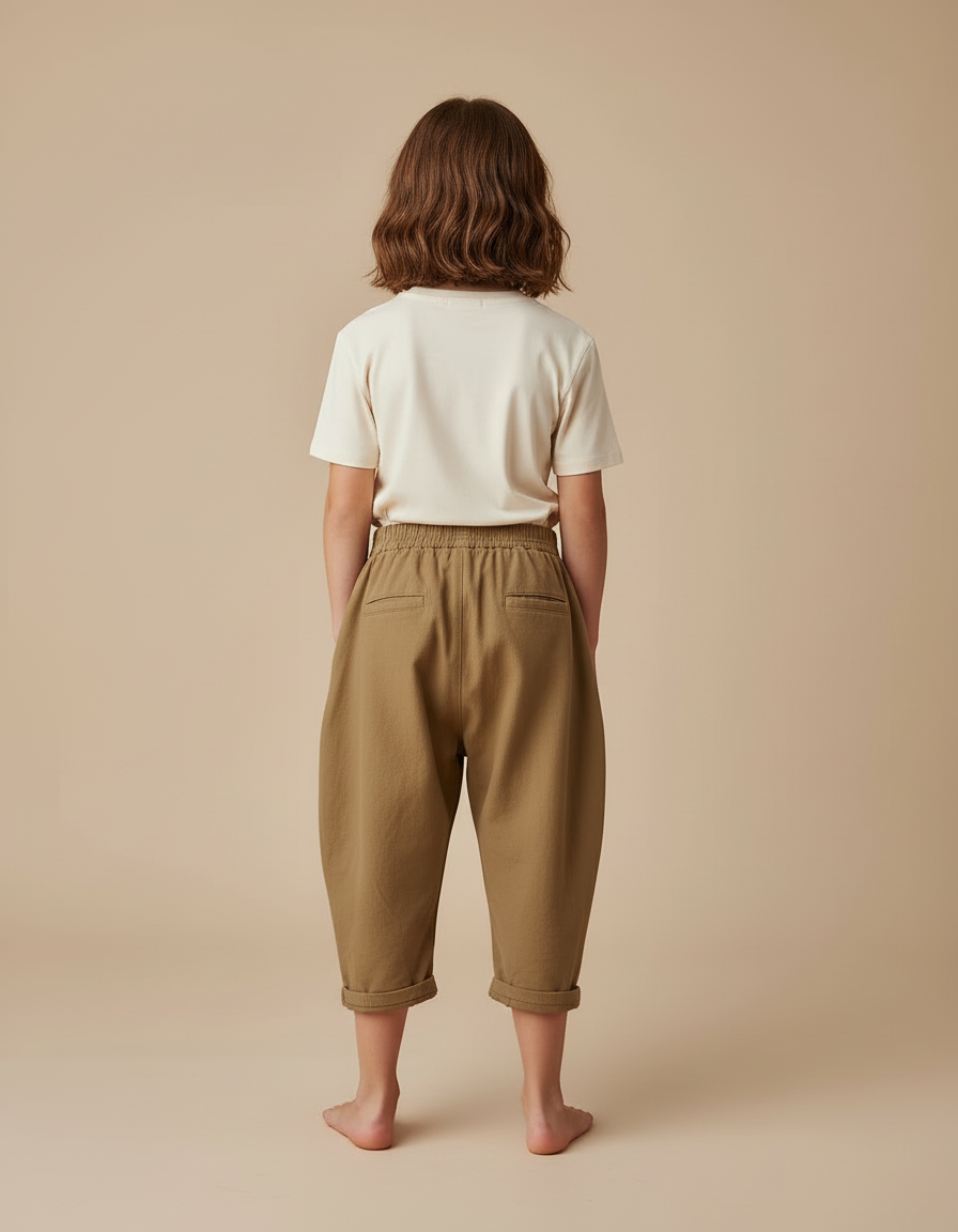 Pantalon Beige Ample Coton Enfant Décontracté Tendance - Kaki Molleton - vue 2