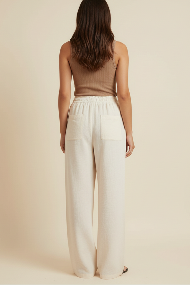 Pantalon Beige Fluide Ample Taille Élastique Femme - Lin - vue 2