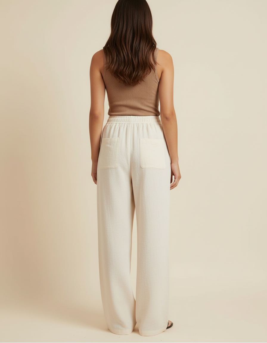 Pantalon Beige Fluide Ample Taille Élastique Femme - Lin - vue 2