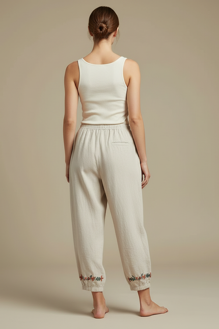 Pantalon Beige Ample Coton Lin Brodé Femme - vue 2