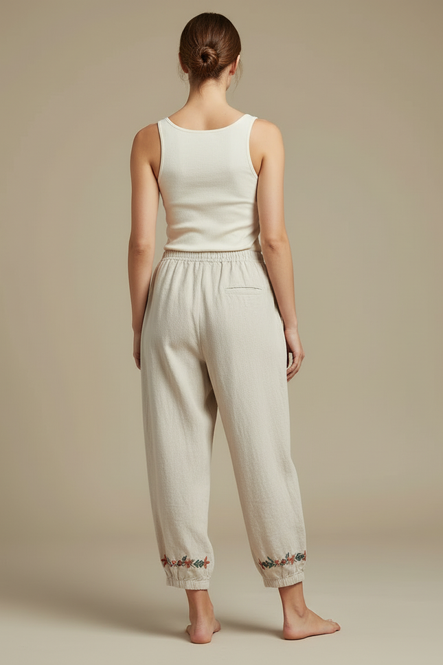 Pantalon Beige Ample Coton Lin Brodé Femme - vue 2