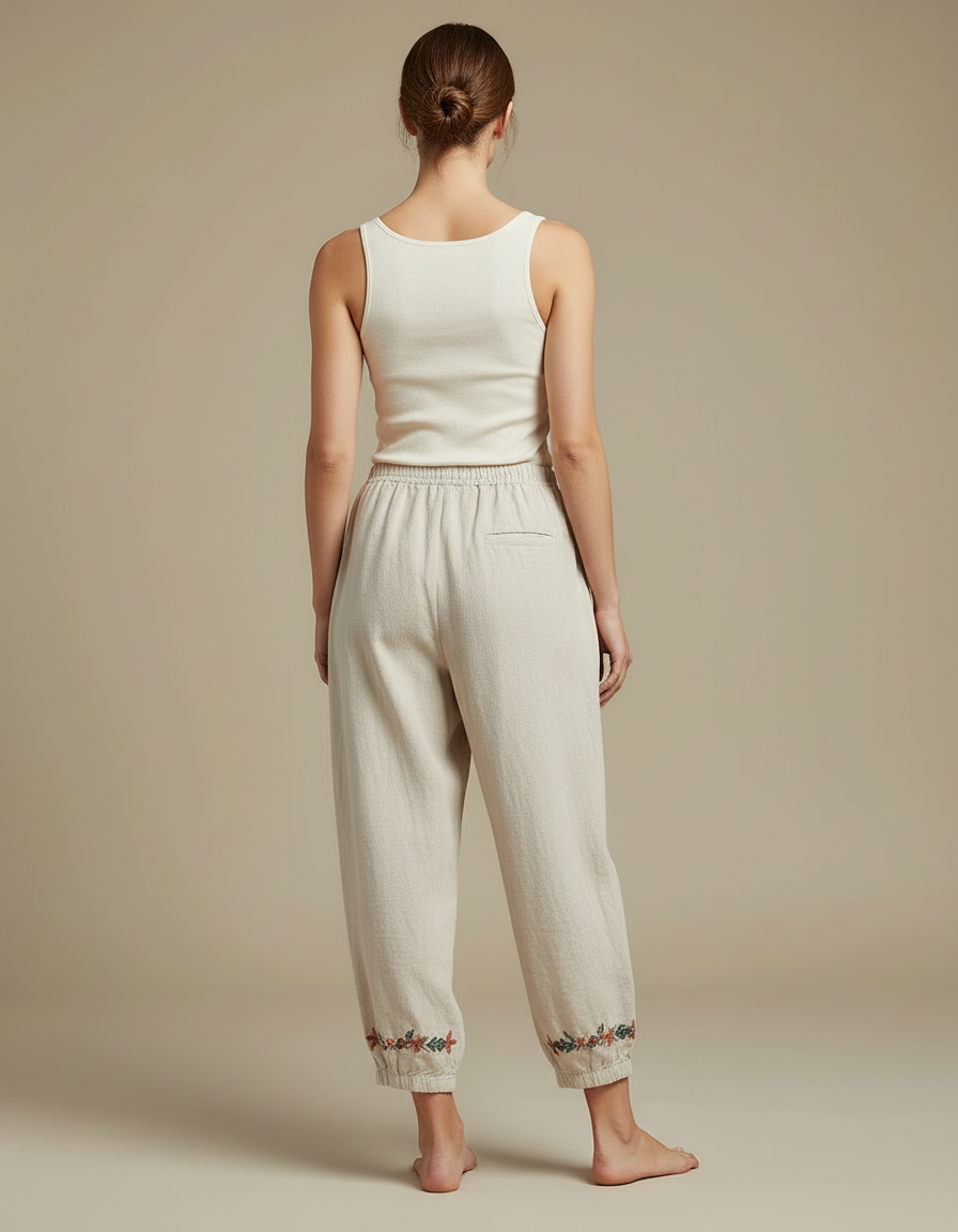 Pantalon Beige Ample Coton Lin Brodé Femme - vue 2