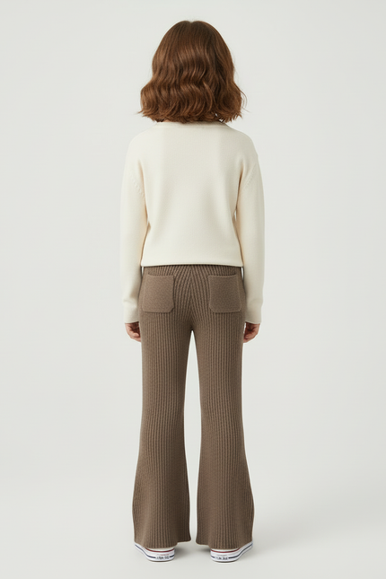 Pantalon Beige Côtelé Évasé Tricoté Enfant Décontracté - Marron Maille - vue 2