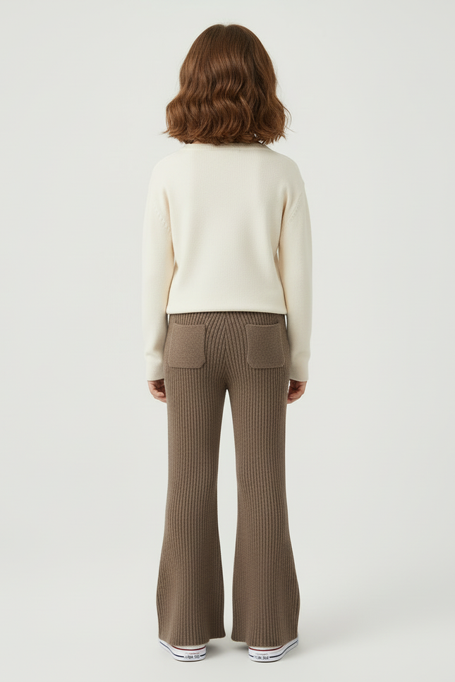 Pantalon Beige Côtelé Évasé Tricoté Enfant Décontracté - Marron Maille - vue 2