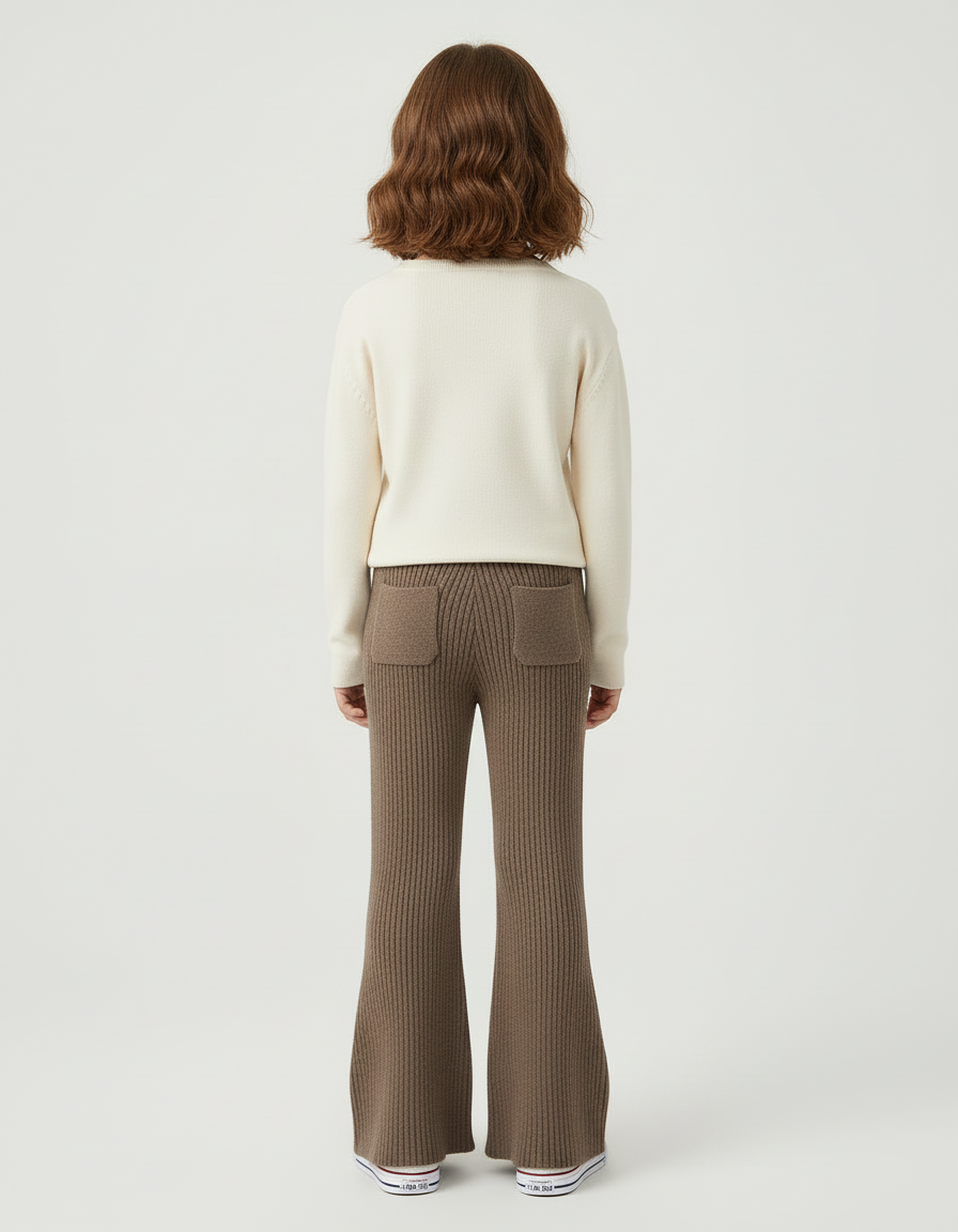 Pantalon Beige Côtelé Évasé Tricoté Enfant Décontracté - Marron Maille - vue 2