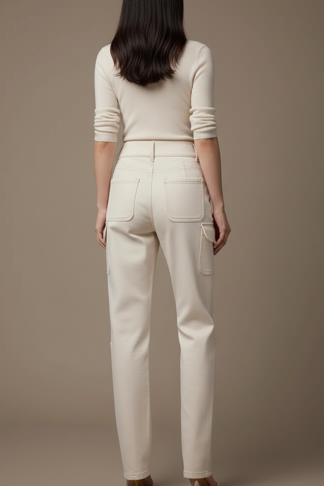Pantalon Beige Cargo Taille Haute Coupe Droite - Toile - vue 2