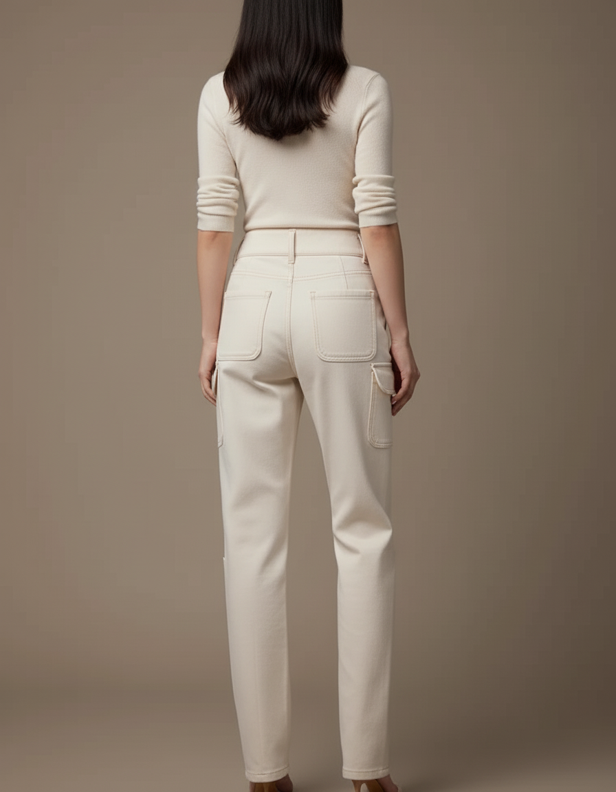 Pantalon Beige Cargo Taille Haute Coupe Droite - Toile - vue 2