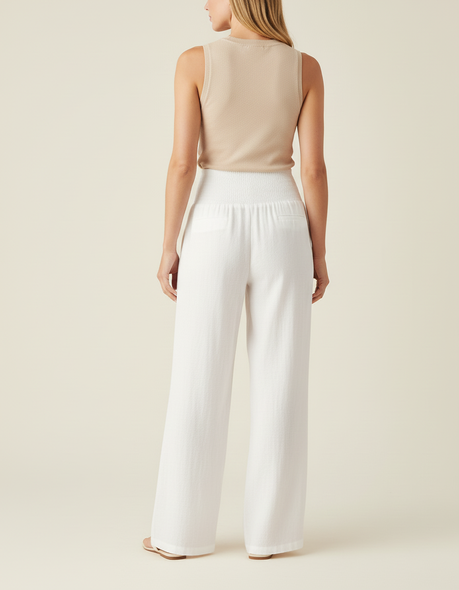 Pantalon Beige Ample Fluide Lin Taille Haute - Blanc - vue 2