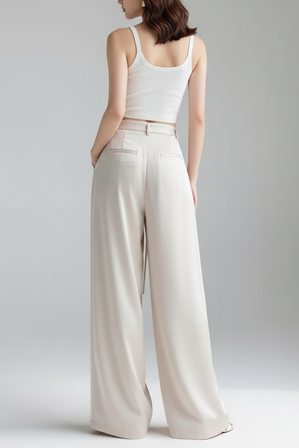 Pantalon Beige Satiné Ample Fluide Élégant Taille Haute - vue 2