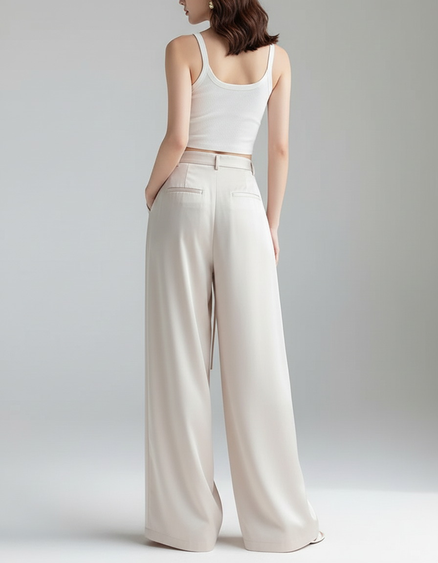 Pantalon Beige Satiné Ample Fluide Élégant Taille Haute - vue 2