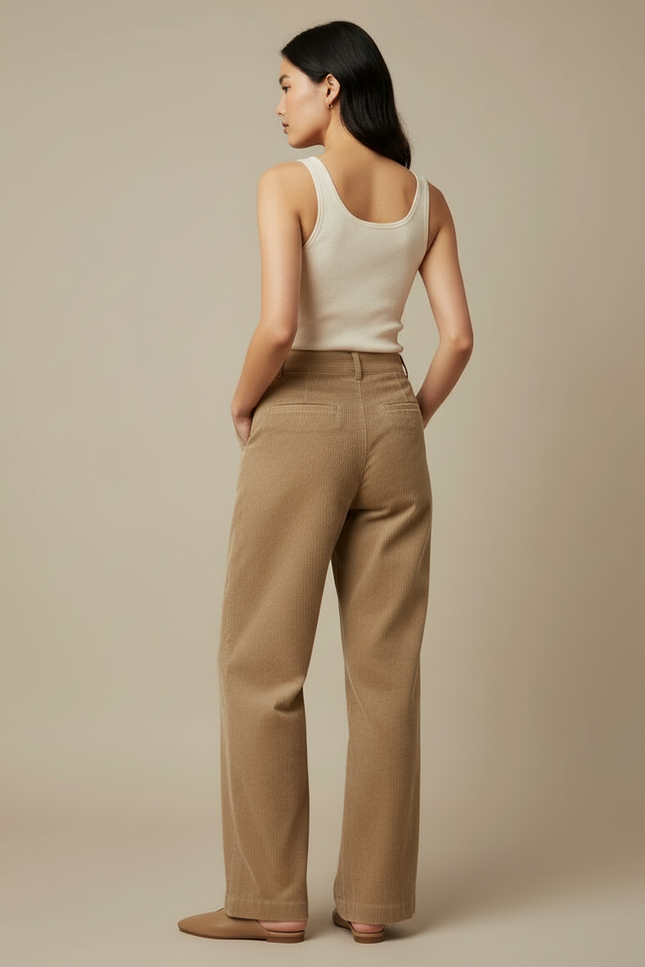 Pantalon Beige Côtelé Plissé Ample Femme Élégant - Cordé - vue 2