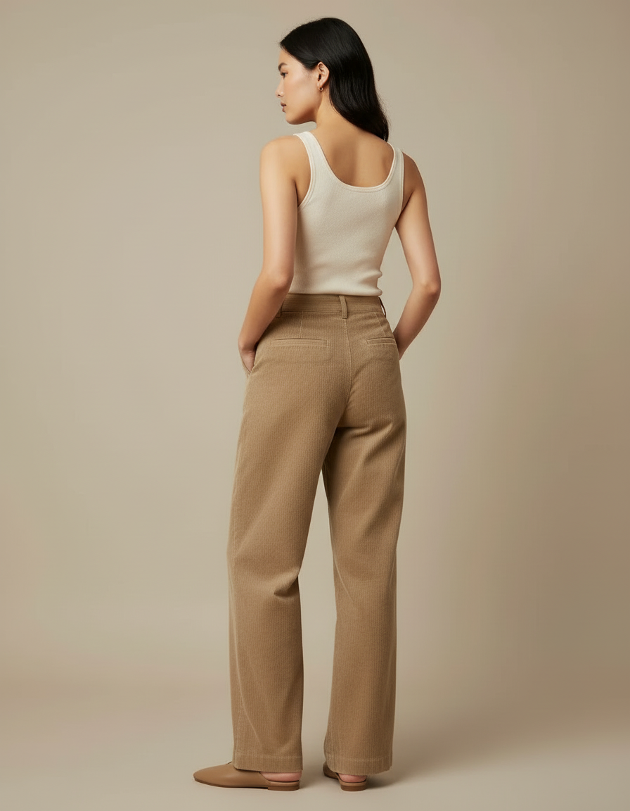Pantalon Beige Côtelé Plissé Ample Femme Élégant - Cordé - vue 2