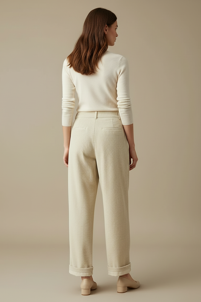 Pantalon Beige Côtelé Ample Plissé Taille Haute - Cordé - vue 2