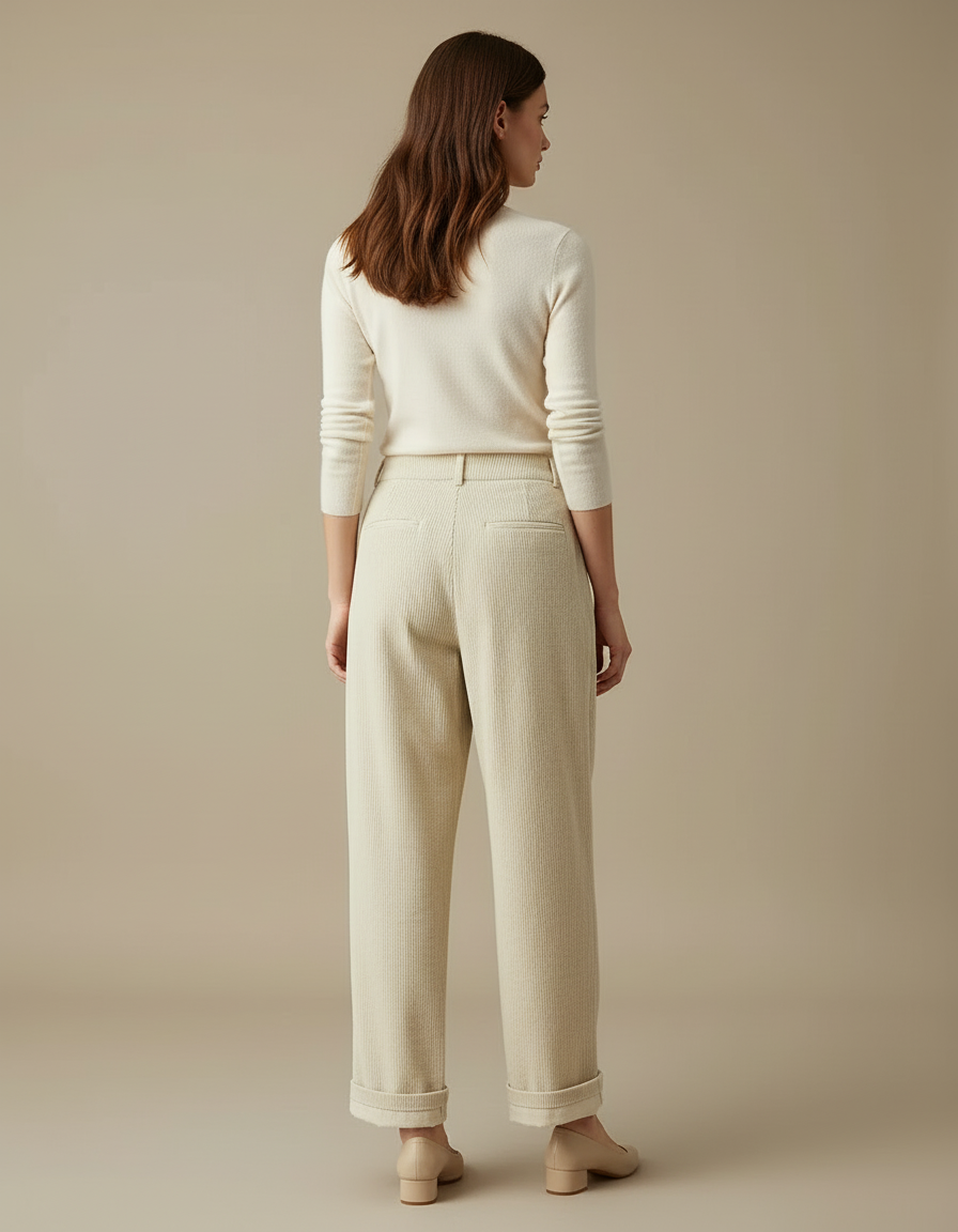 Pantalon Beige Côtelé Ample Plissé Taille Haute - Cordé - vue 2