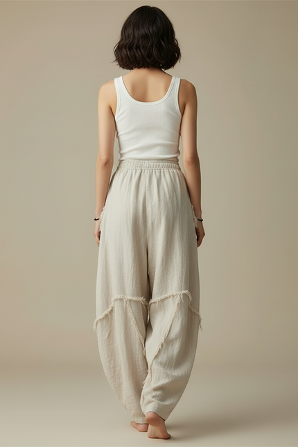 Pantalon Beige Lin Ample Décontracté Franges - vue 2