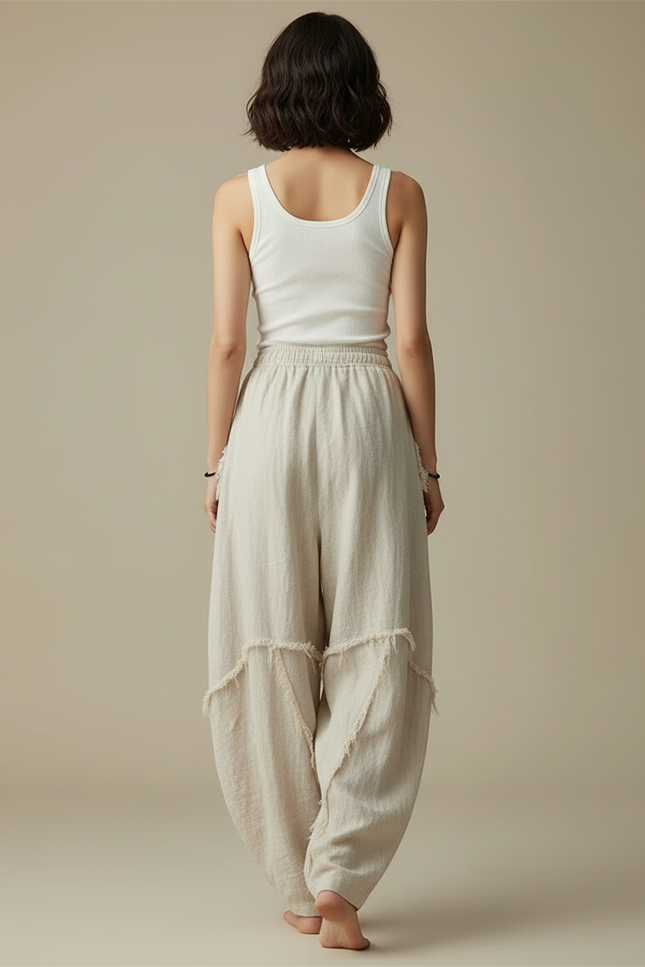 Pantalon Beige Lin Ample Décontracté Franges - vue 2