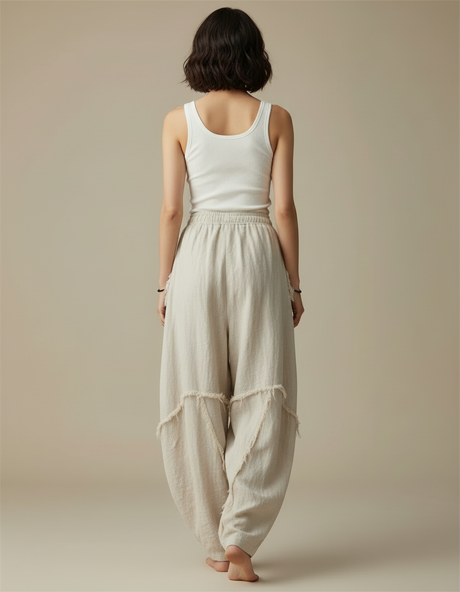 Pantalon Beige Lin Ample Décontracté Franges - vue 2