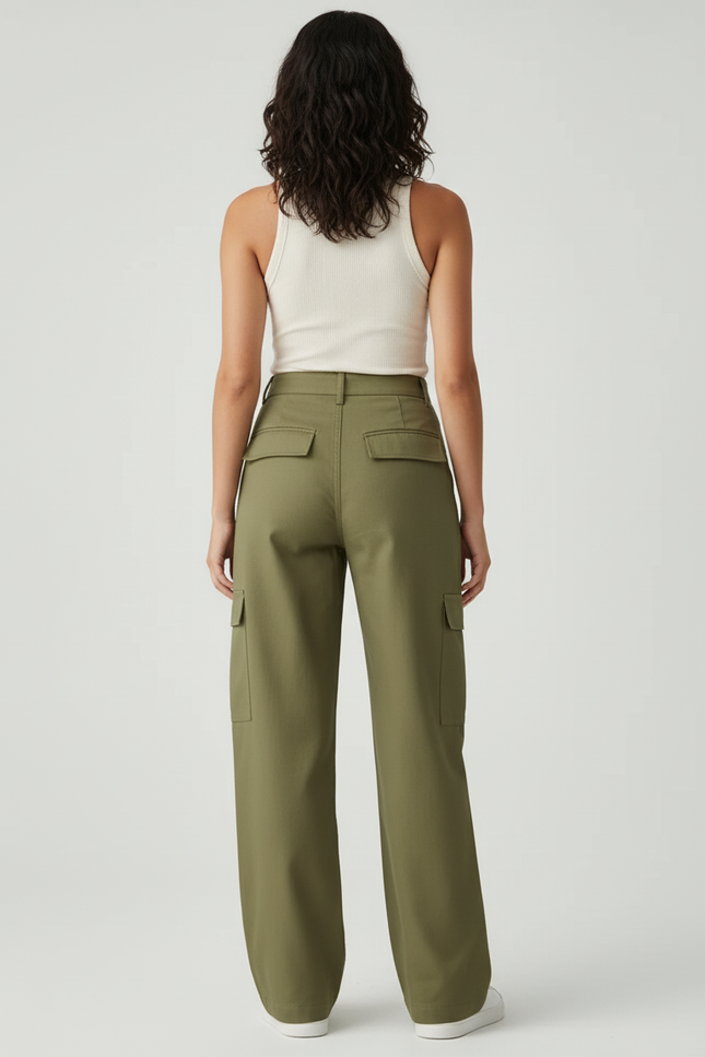 Pantalon Beige Cargo Ample Femme Coton - Kaki - vue 2
