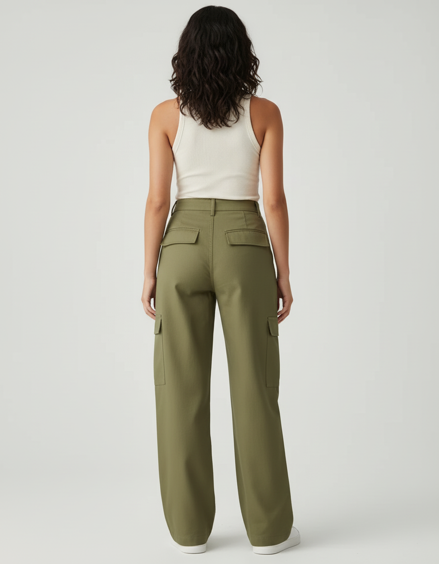 Pantalon Beige Cargo Ample Femme Coton - Kaki - vue 2