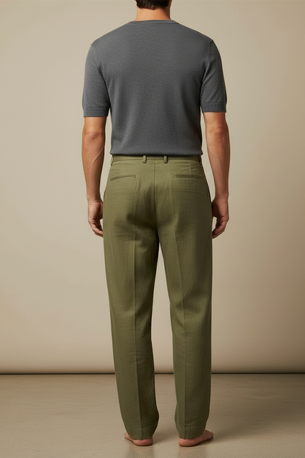 Pantalon Beige Plissé Lin Ample Homme Décontracté - Kaki - vue 2
