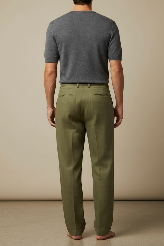 Pantalon Beige Plissé Lin Ample Homme Décontracté - Kaki - vue 2