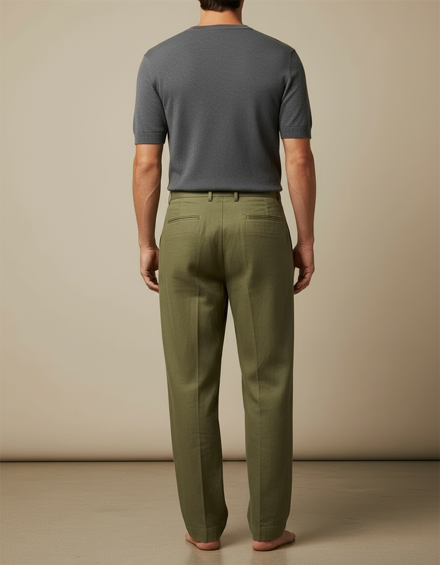 Pantalon Beige Plissé Lin Ample Homme Décontracté - Kaki - vue 2