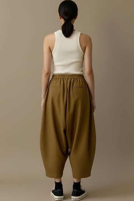 Pantalon Beige Ample Coton Fluide Décontracté - Kaki - vue 2
