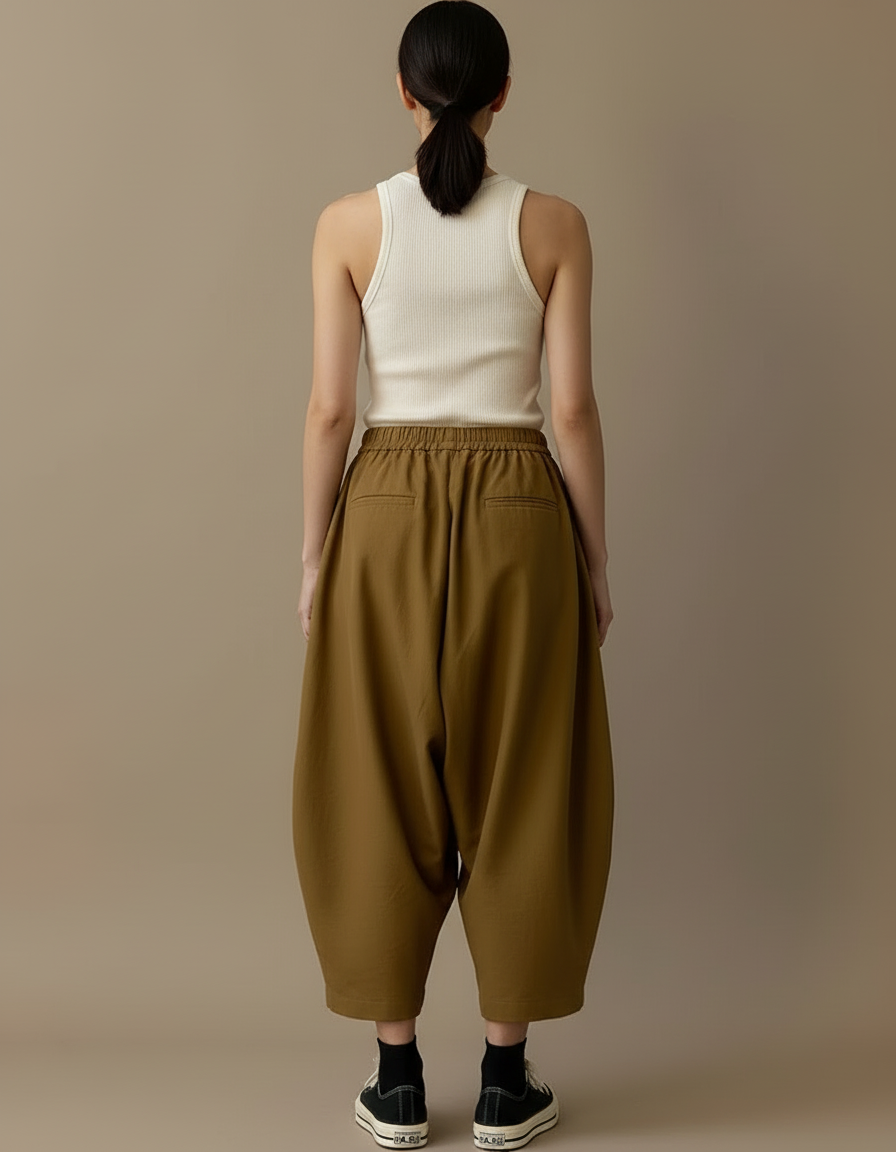Pantalon Beige Ample Coton Fluide Décontracté - Kaki - vue 2