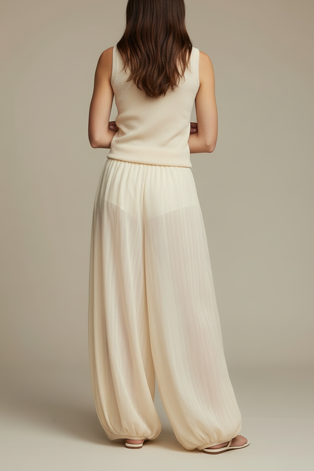 Pantalon Beige Ample Fluide Léger Femme Élégant - Viscose - vue 2