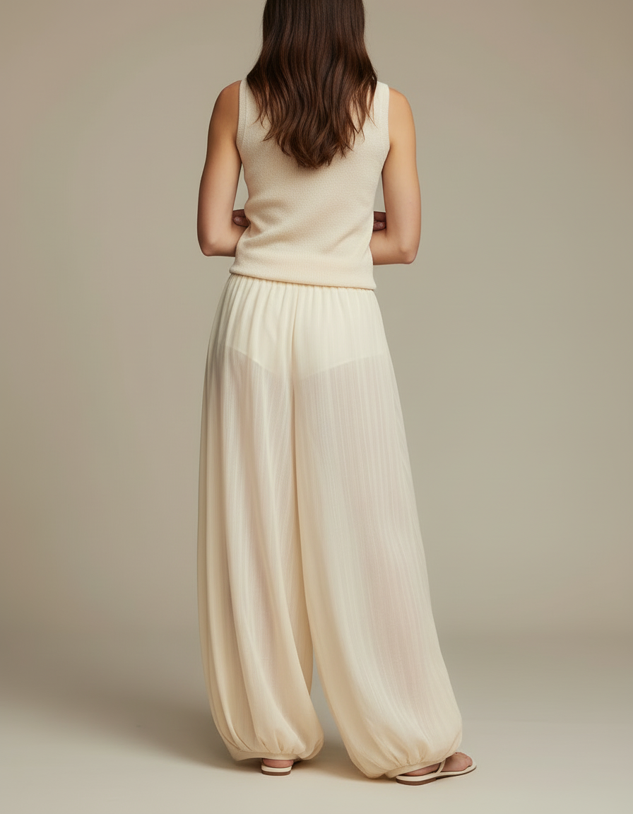 Pantalon Beige Ample Fluide Léger Femme Élégant - Viscose - vue 2