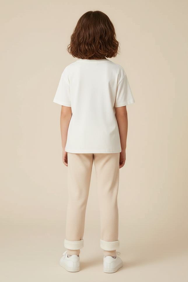 Pantalon Beige Côtelé Brodé Molletonné Enfant Hiver - Cordé - vue 2