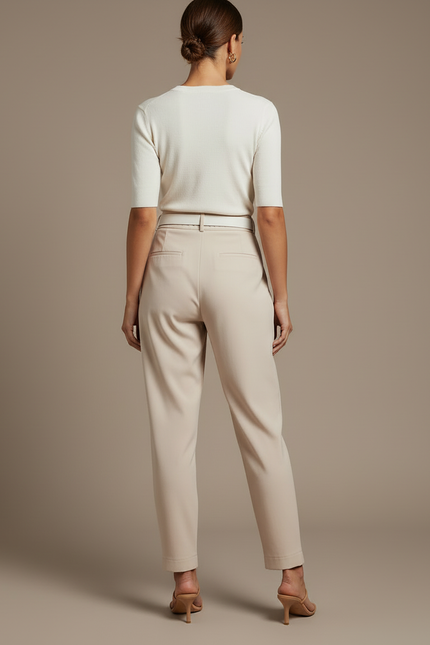 Pantalon Beige Plissé Taille Haute Élégant Femme - Polyester - vue 2