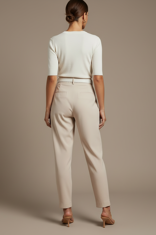 Pantalon Beige Plissé Taille Haute Élégant Femme - Polyester - vue 2