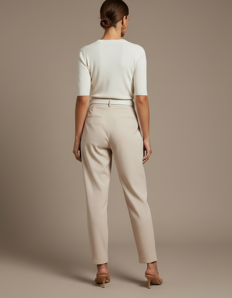 Pantalon Beige Plissé Taille Haute Élégant Femme - Polyester - vue 2