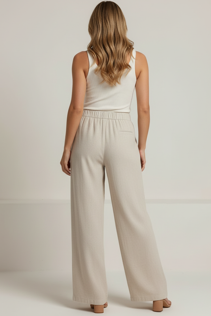 Pantalon Beige Ample Lin Brodé Décontracté - vue 2