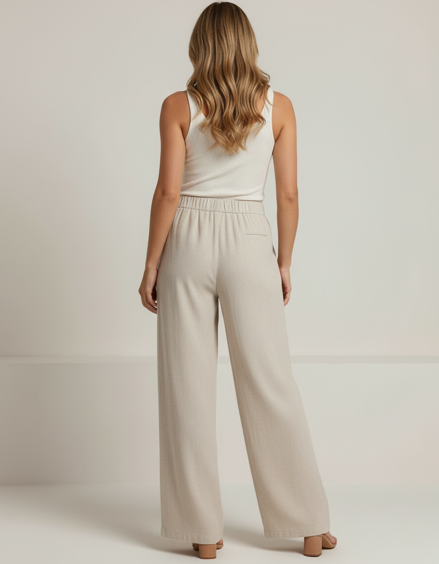 Pantalon Beige Ample Lin Brodé Décontracté - vue 2
