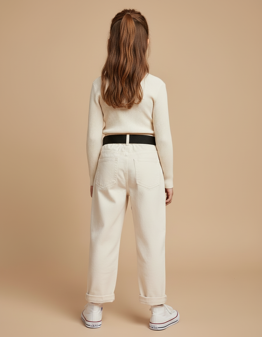Pantalon Beige Enfant Décontracté Coton Ceinture Noire - Jean - vue 2
