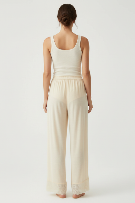 Pantalon Beige Fluide Dentelle Ample Confortable - Viscose - vue 2