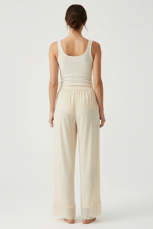 Pantalon Beige Fluide Dentelle Ample Confortable - Viscose - vue 2