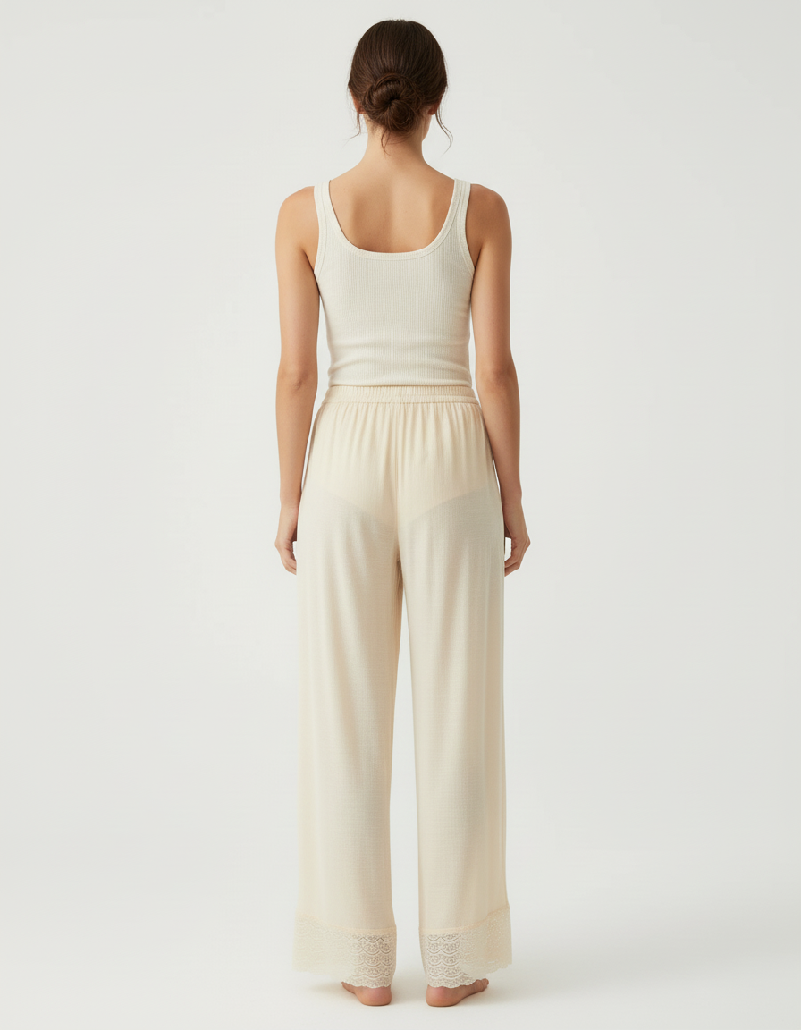 Pantalon Beige Fluide Dentelle Ample Confortable - Viscose - vue 2